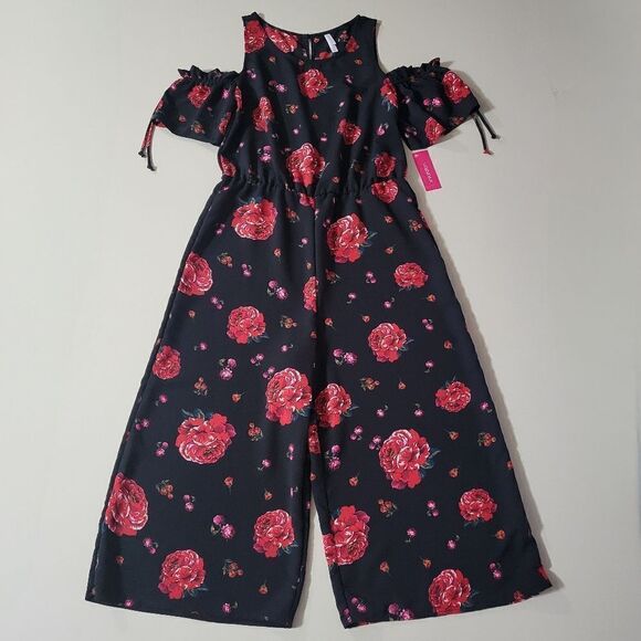 Xhilaration Women's Black Red Floral Cold Shoulder One Piece Ruffle Jumpsuit - Picture 3 of 16